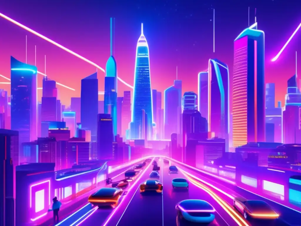 Ciudad futurista vibrante con criptomonedas Futuro de las criptomonedas: ciudad futurista con rascacielos, carros voladores y transacciones digitales