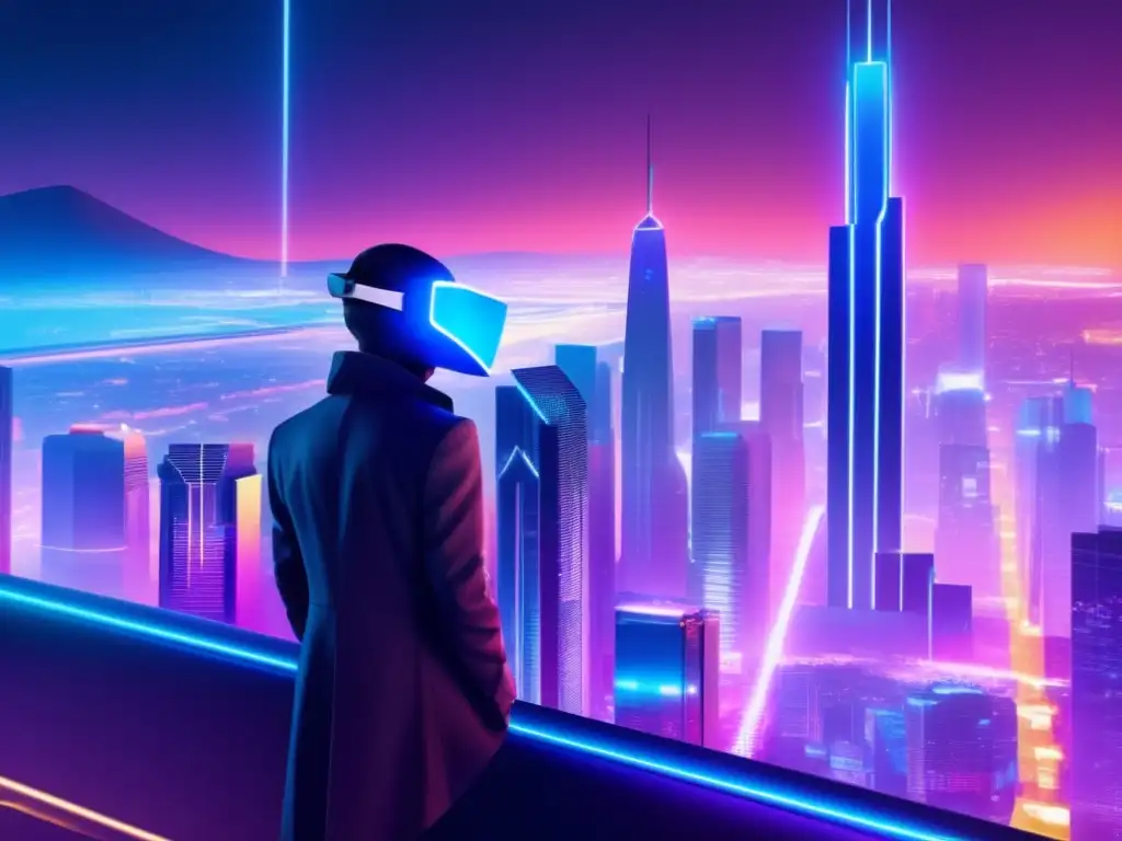 Futuro criptoanónimo Futuro criptomonedas: ciudad noche, rascacielos neón, figura misteriosa