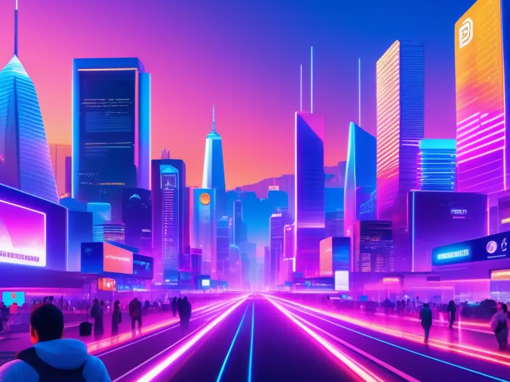 Futuro criptográfico en la ciudad Futuro criptomonedas: ciudad futurista, rascacielos holográficos, monedas digitales, transacciones animadas