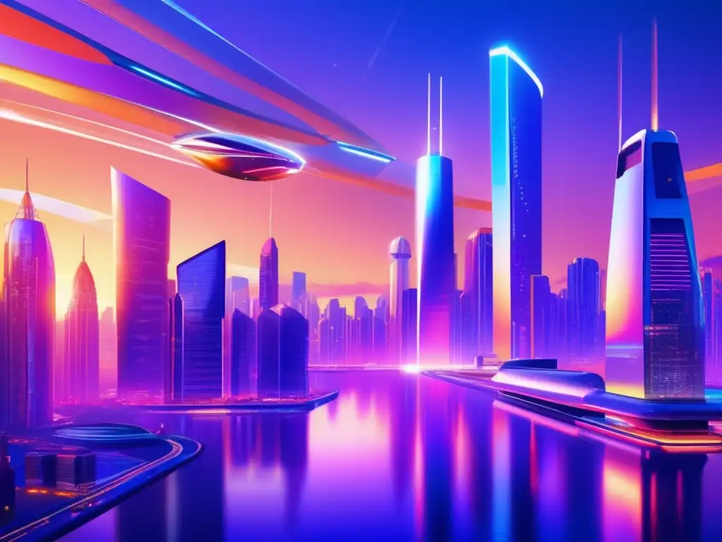 Futurista ciudad al atardecer con tecnología avanzada y criptomonedas Futuro criptomonedas y minería en una ciudad futurista con tecnología avanzada