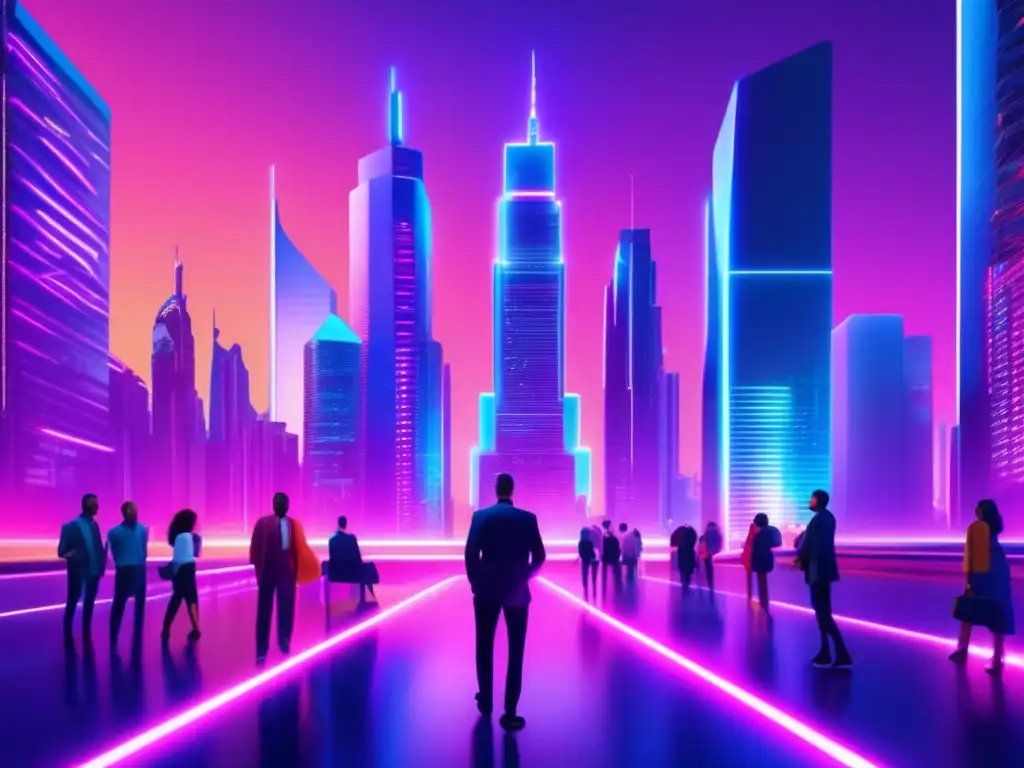 Futuro de las criptomonedas en la ciudad Futuro de las criptomonedas: oferta y demanda en una ciudad futurista con rascacielos, arquitectura moderna y personas diversa