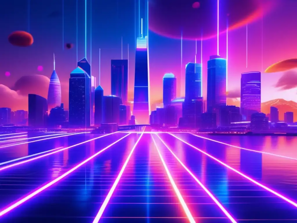 Futuro de las criptomonedas Futuro criptomonedas y minería: paisaje digital futurista con rascacielos de símbolos de monedas virtuales, bañados en neón vibrante