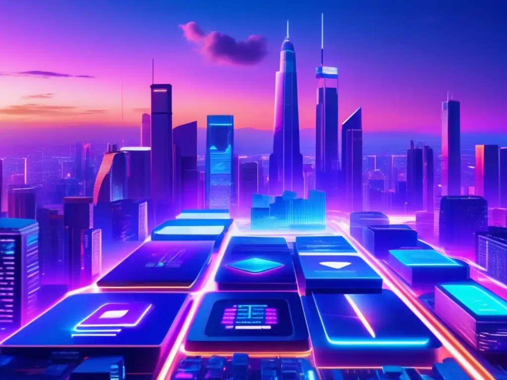Futurista debate sobre criptomonedas Futuro debate regulación cripto: ciudad 8k, luces neon, skyscrapers, coches voladores, expertos discutiendo en mesa holográfica