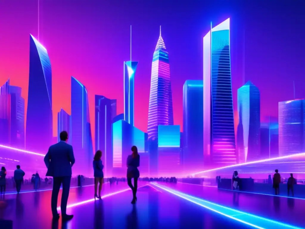 Futuro digital: Skyscrapers, criptomonedas y seguridad Futuro digital con rascacielos holográficos y criptomonedas