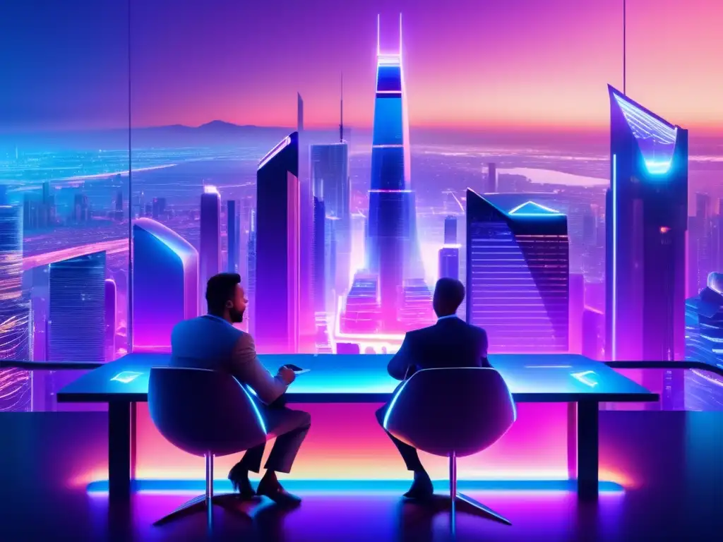 Paisaje futurista de rascacielos y hologramas Futuro digital con rascacielos, inversores y estrategias de staking