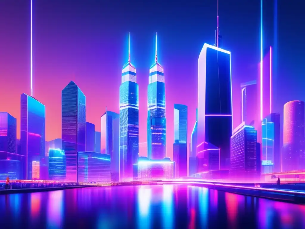 Ciudad futurista con blockchain Revolución Blockchain: Futuro del Dinero en una ciudad futurista con rascacielos de vidrio y acero, iluminada por luces de neón