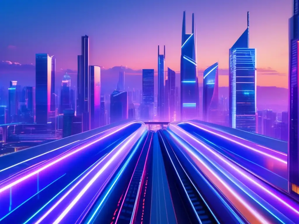 Futurista ciudad con rascacielos transparentes y datos de blockchain Futuro del dinero: una ciudad futurista iluminada por luces de neón con rascacielos transparentes y una red blockchain en primer plano