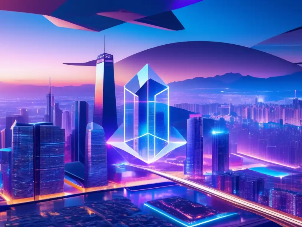 Futuro ciudad blockchain Revolución Blockchain: Futuro del Dinero - Ciudad futurista con rascacielos de vidrio transparente y hologramas de símbolos blockchain
