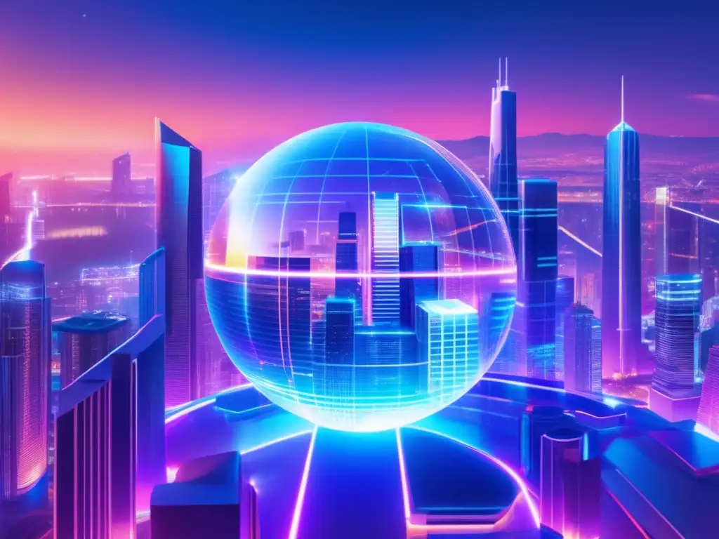 Metrópolis futurista con blockchain y criptomonedas Revolución Blockchain: Futuro del Dinero - Metrópolis futurista con rascacielos, tecnología blockchain y símbolos de criptomonedas