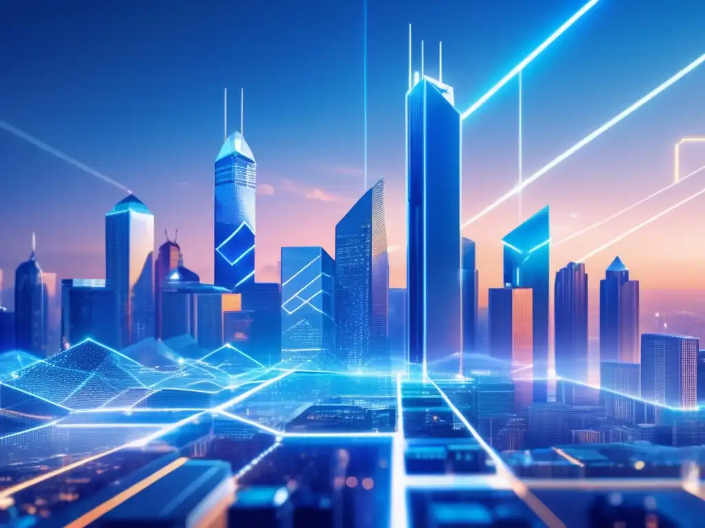 Revolución blockchain en una ciudad futurista Revolución Blockchain: Futuro del Dinero, ciudad futurista con rascacielos, líneas de blockchain azules y personas emocionadas