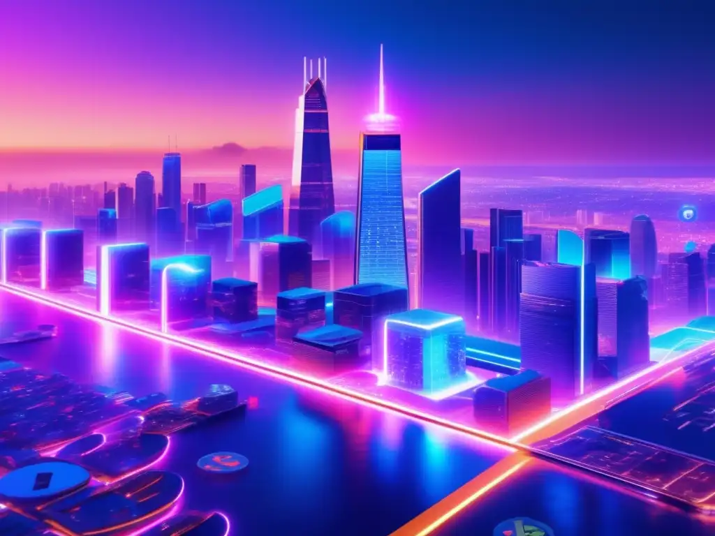 Futuro digital: ciudad criptográfica, tecnología y diversidad Futuro dinero: Predicciones criptomonedas, evolución y transformación en imagen de ciudad futurista con rascacielos de símbolos digitales