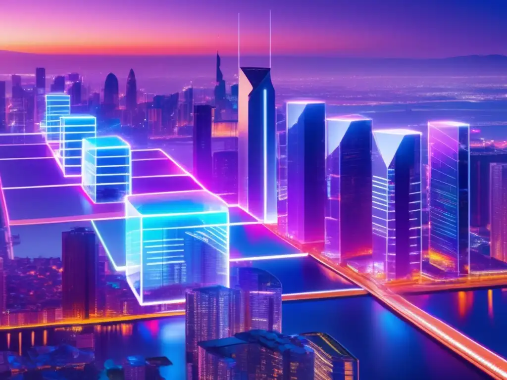 Ciudad futurista con blockchain luminoso Futuro del Dinero: Revolución Blockchain