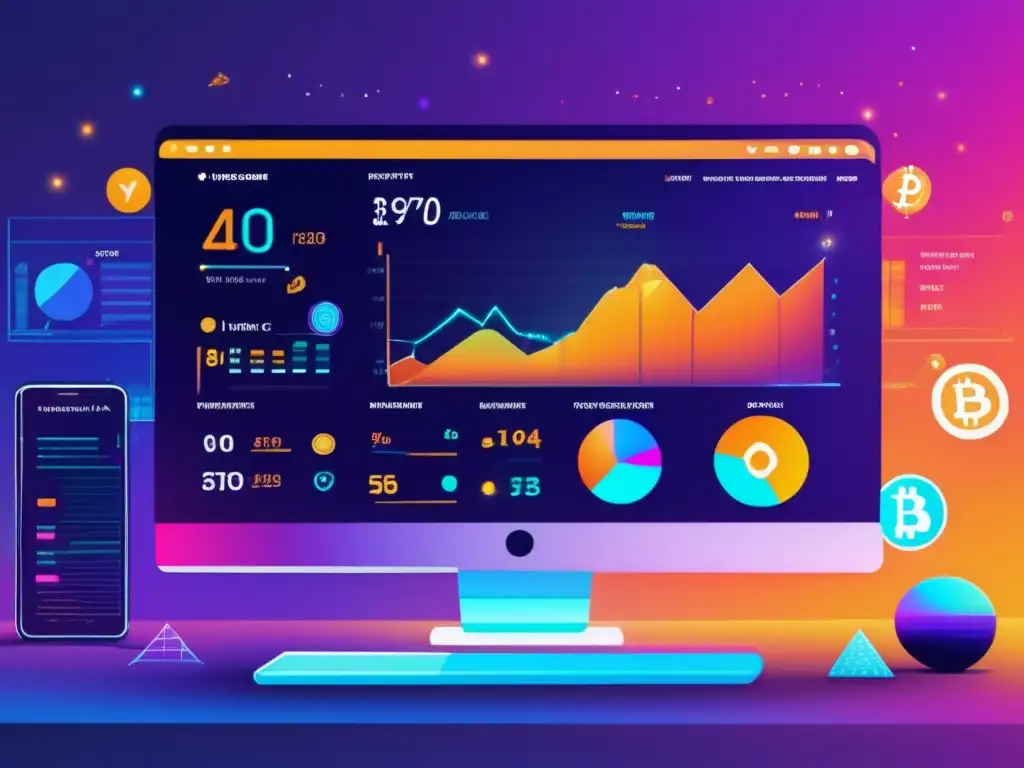 Interfaz futurista de gestión de criptomonedas Futuro diseño de interfaz digital con criptomonedas: Software integrado para criptomonedas