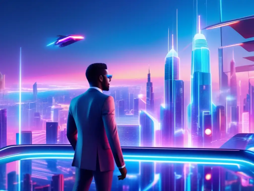 Futuro de las criptomonedas Futuro distópico: ciudad digital con rascacielos de vidrio y luces neón