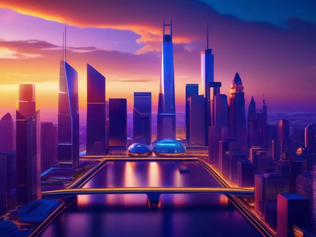 Futurista distrito financiero atardecer Futuro distrito financiero con inteligencia artificial: Regulaciones IA Financiera