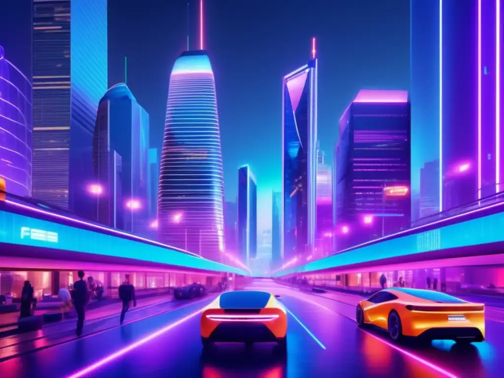 Futuro distrito financiero: rascacielos, tecnología y energía Futuro distrito financiero nocturno con rascacielos, pantallas digitales y autos autónomos