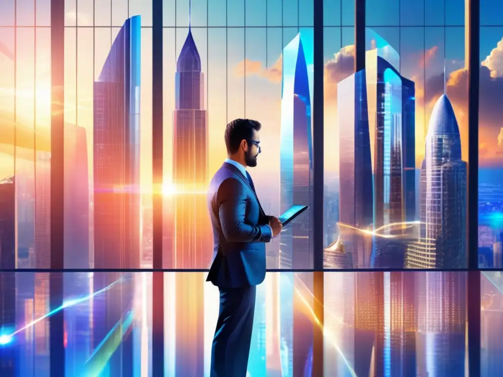 Distrito financiero futurista con rascacielos de cristal y hologramas Futuro distrito financiero con rascacielos de vidrio y acero, datos en pantalla táctil y gráficos holográficos