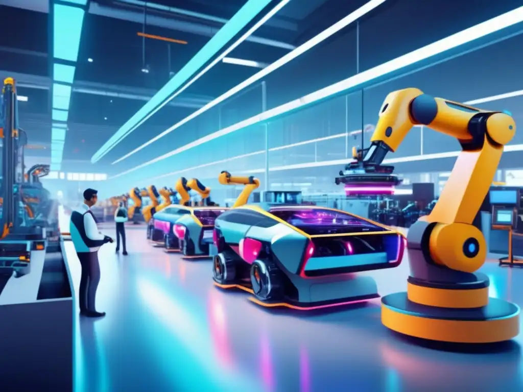 Fábrica futurista con robots y trabajadores Futuro industria europea: Robótica y Automatización