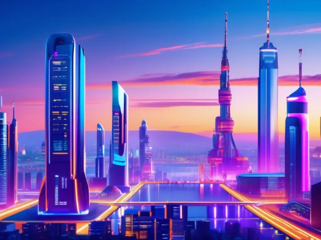 Ciudad futurista europea con robots y rascacielos Futuro industria europea: Robótica y Automatización