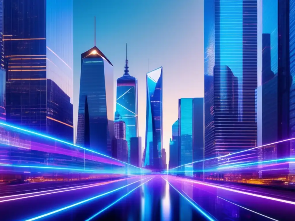 Ciudad futurista con rascacielos y datos financieros Futuro financiero: Beneficios de invertir en DeFi