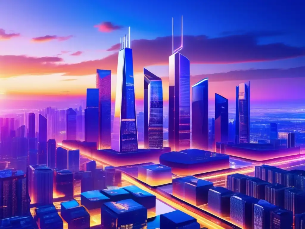 Futuro financiero: ciudad futurista y tecnología blockchain Futuro financiero: DAOs en finanzas, ciudad futurista, blockchain, eficiencia, colaboración, innovación