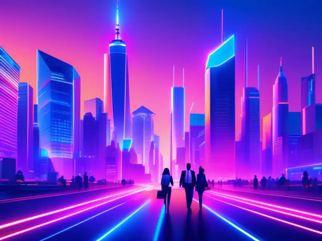 Futurista ciudad financiera con tecnología y diversidad Futuro financiero con Fintech: ciudad futurista, inversión democratizada, avances tecnológicos