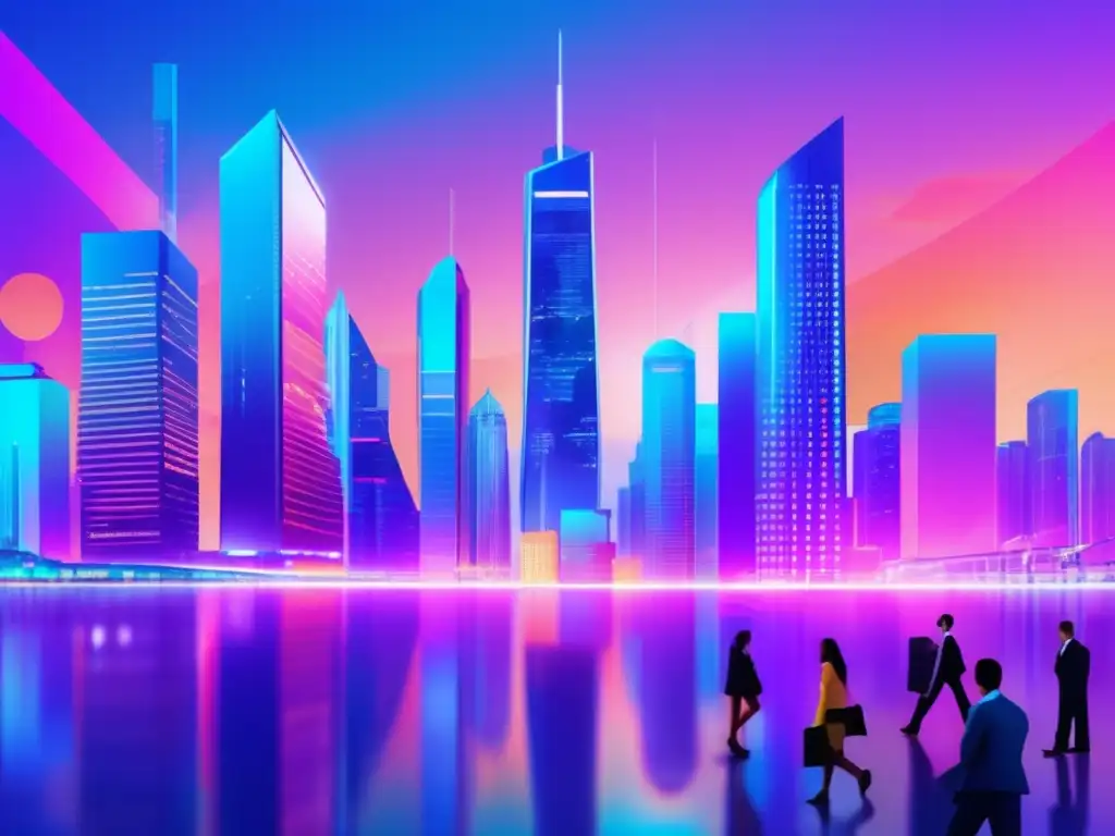 Ciudad financiera futurista con rascacielos de vidrio y datos de mercado Futuro financiero: Estrategias de inversión diversificada