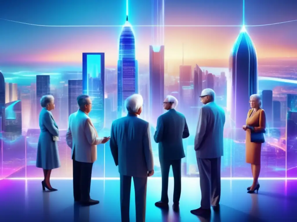 Futuro digital de diversidad y seguridad financiera Futuro financiero inclusivo para la vejez con grupo diverso de ancianos en entorno digital avanzado