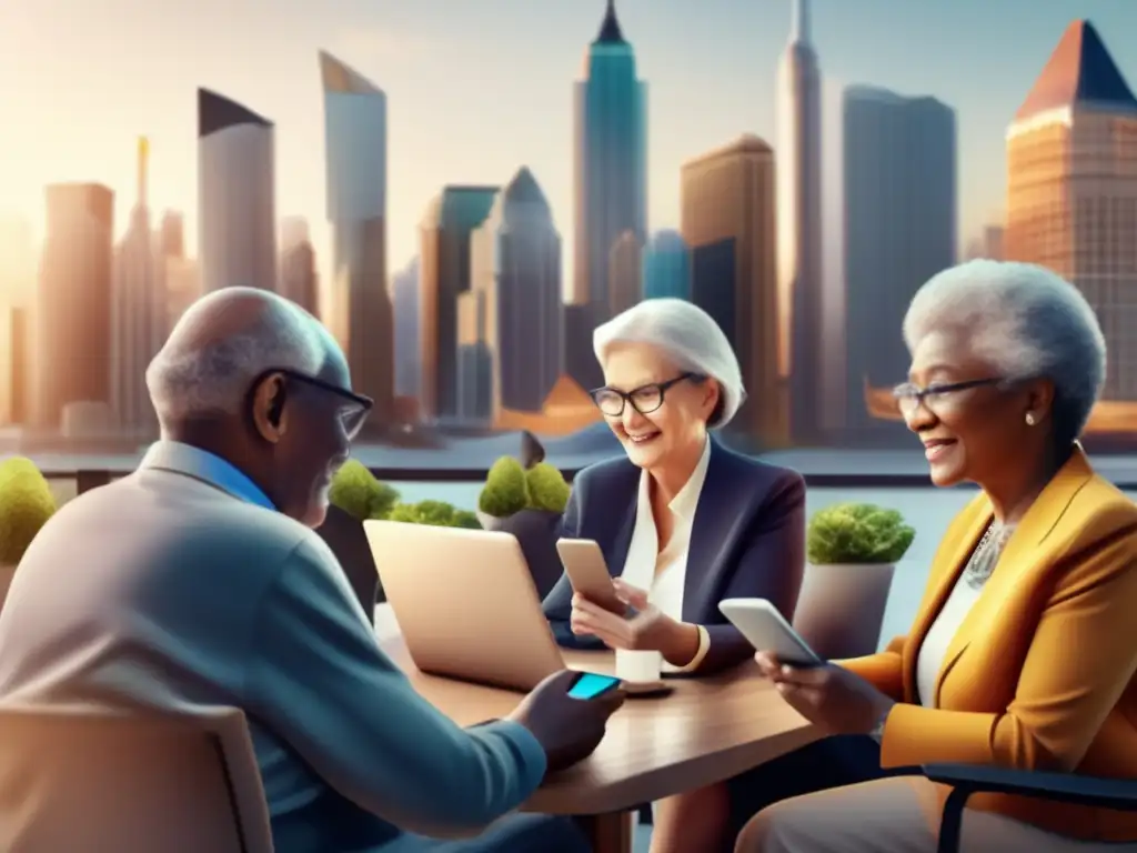 Seniors embracing financial empowerment in diverse cityscape Futuro financiero inclusivo para la vejez: seniors diversificados realizan actividades financieras en una ciudad moderna y inclusiva