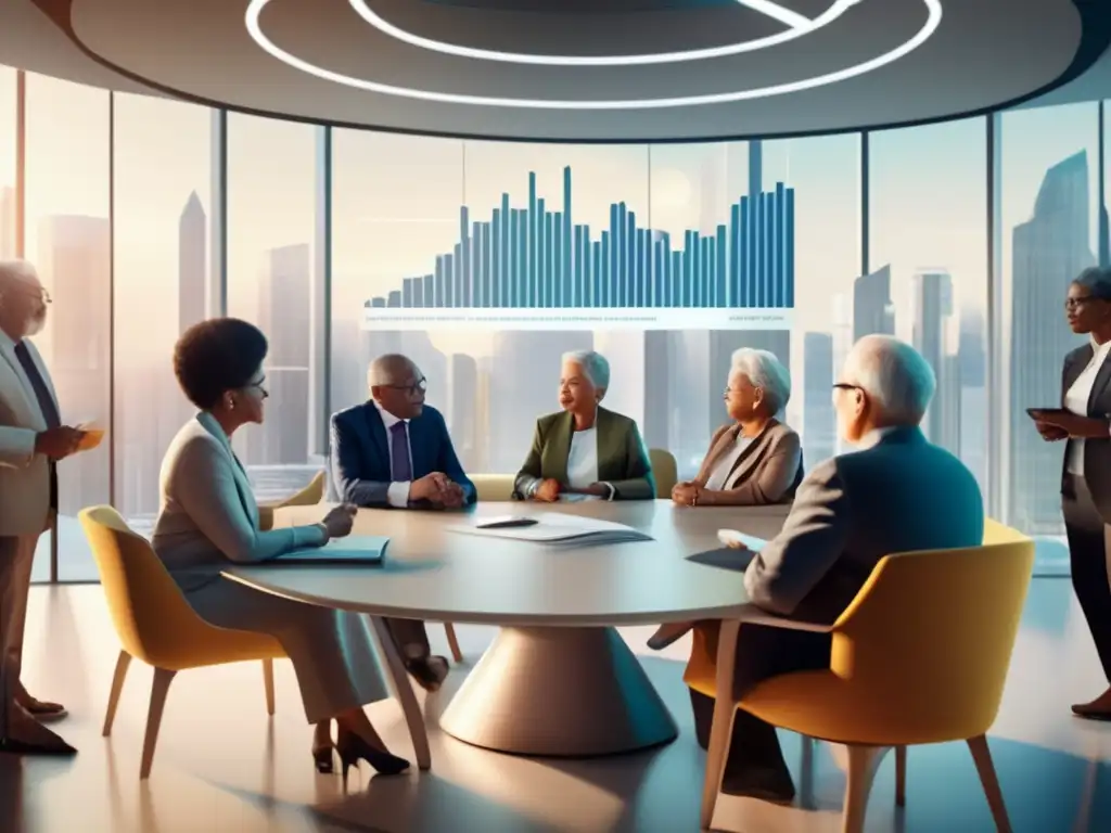 Taller financiero inclusivo y tecnológico Futuro financiero inclusivo para la vejez: Aula moderna con personas mayores, gráficos y tecnología
