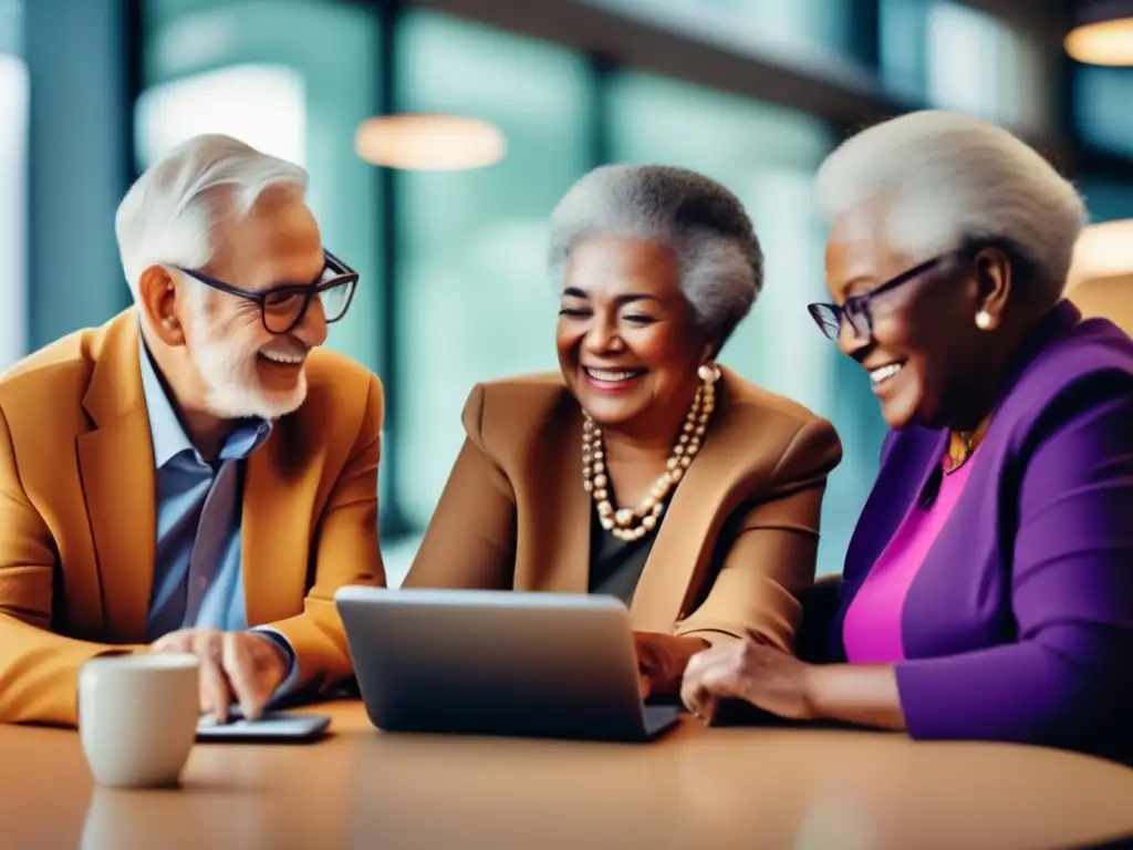 Actividades financieras inclusivas para adultos mayores Futuro financiero inclusivo para la vejez: Grupo diverso de personas mayores participando activamente en actividades financieras innovadoras