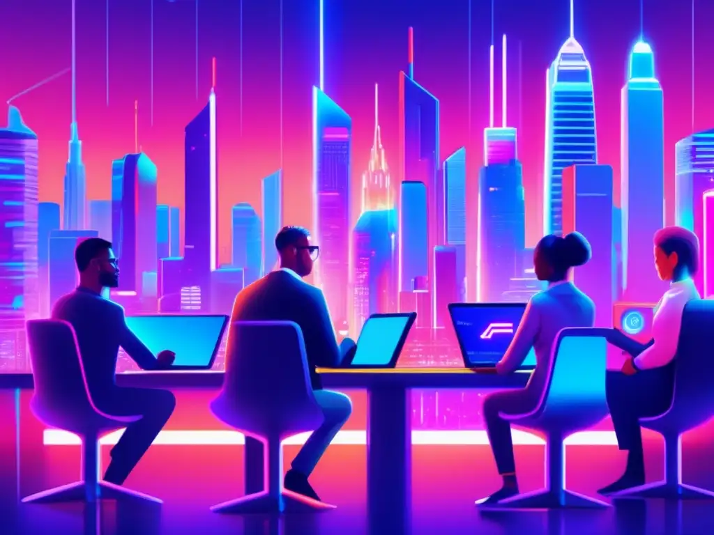Futuroso ciudad con DAOs y tecnología avanzada Futuro de las finanzas: beneficios de las DAOs en finanzas