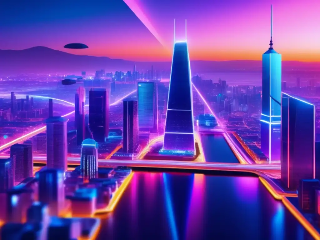Ciudad futurista iluminada por luces neón Futuro de las finanzas con blockchain: Importancia del blockchain en la evolución financiera