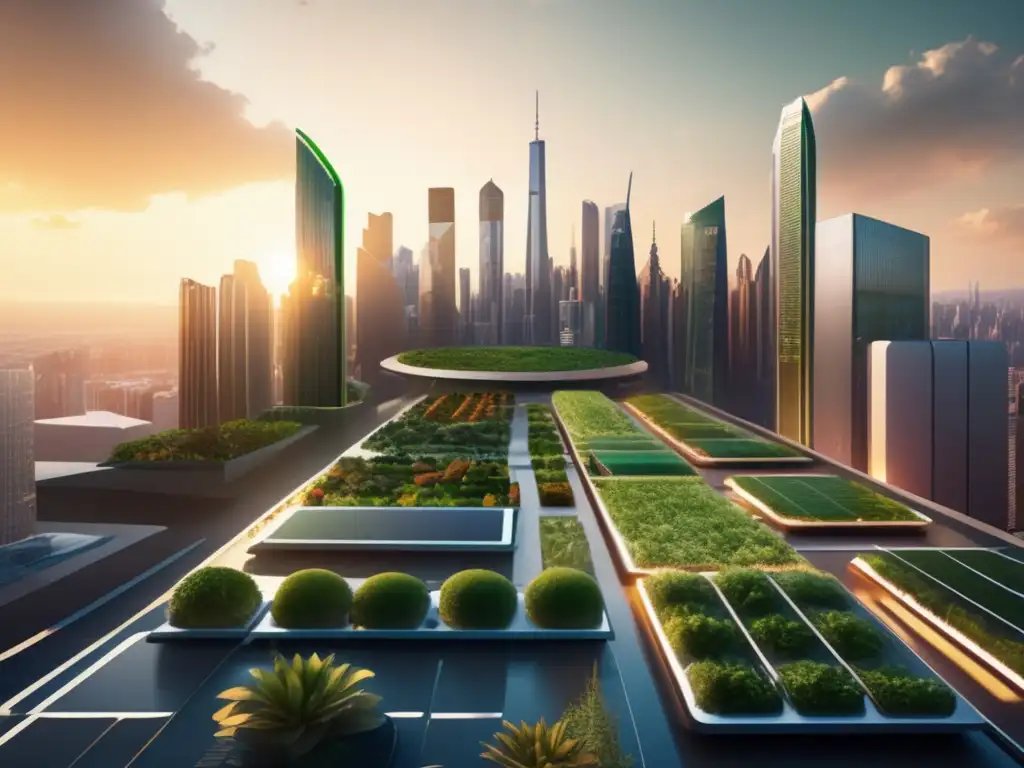 Futuro verde: Ciudad sustentable y moderna Futuro de las finanzas con bonos verdes y una ciudad futurista sostenible