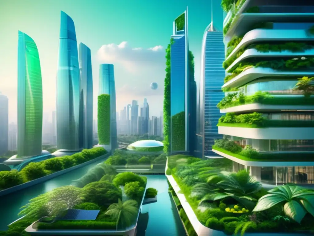 Ciudad futurista con rascacielos verdes Futuro de las finanzas con bonos verdes: una ciudad futurista con rascacielos verdes y sostenibles