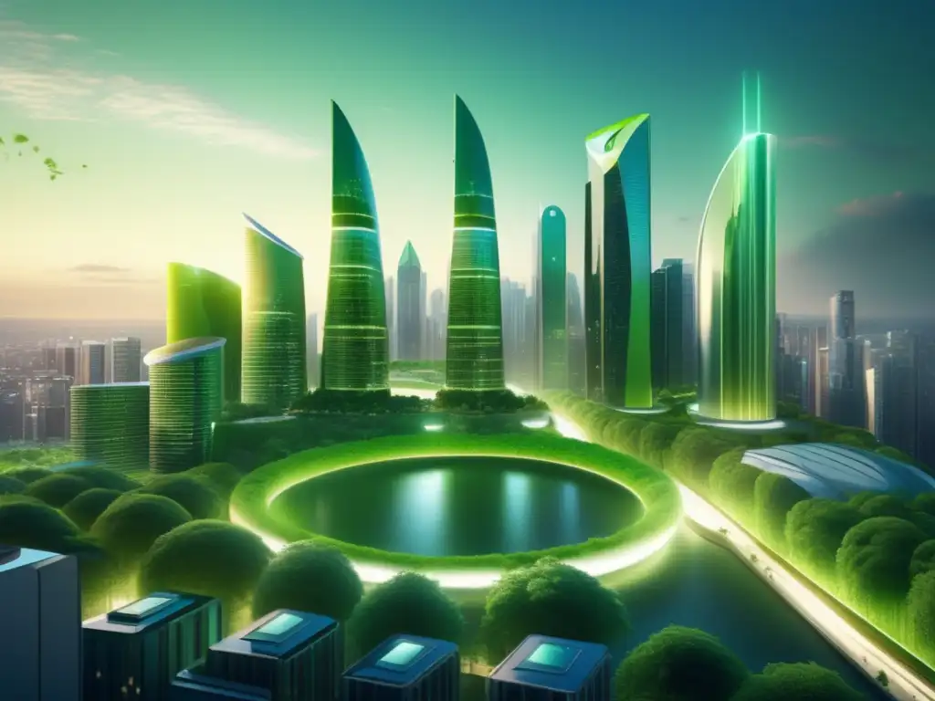 Futuro financiero sostenible con inversores institucionales y bonos verdes Futuro Finanzas Verdes: Ciudad sostenible, inversores institucionales, bonos verdes, energía limpia, coexistencia armoniosa