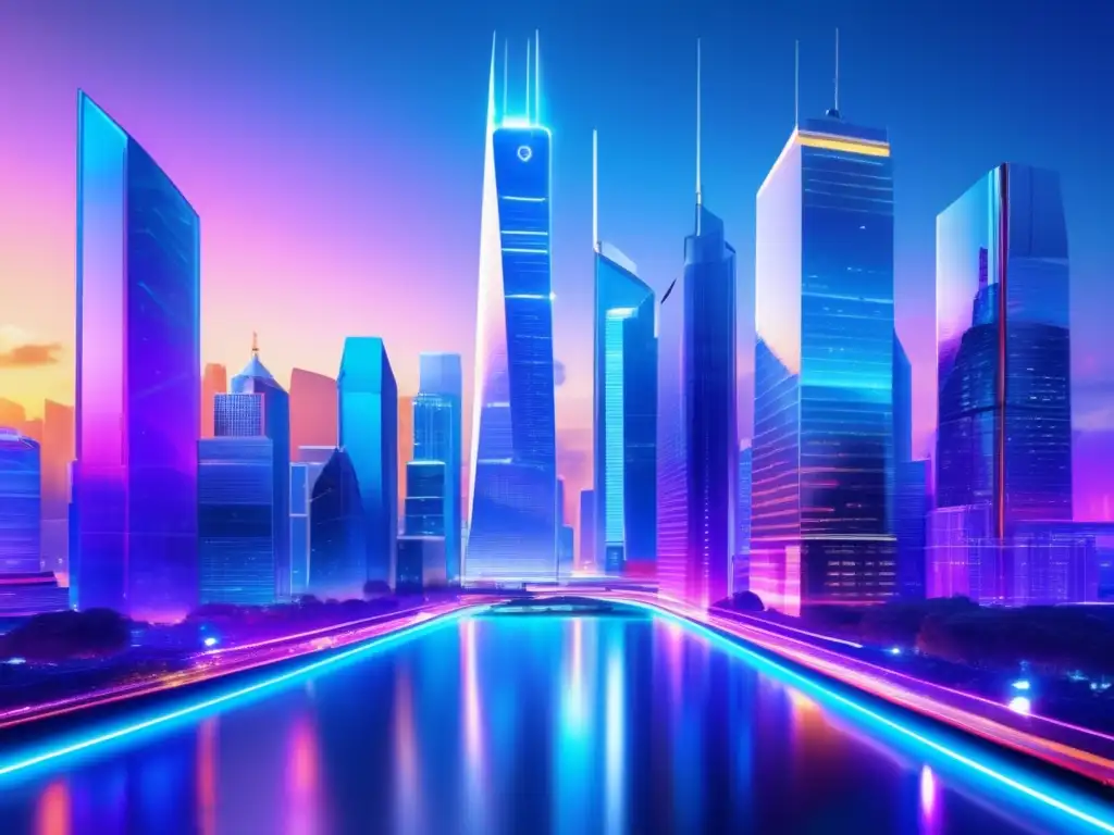 Futuro financiero inclusivo Futuro Fintech democratizando inversiones, ciudad futurista con rascacielos modernos de vidrio y acero
