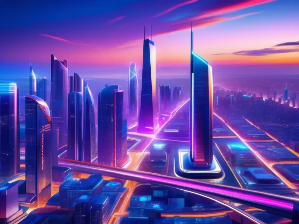 Ciudad futurista iluminada y vibrante Futuro de inversión: ciudad futurista con rascacielos iluminados y actividad frenética