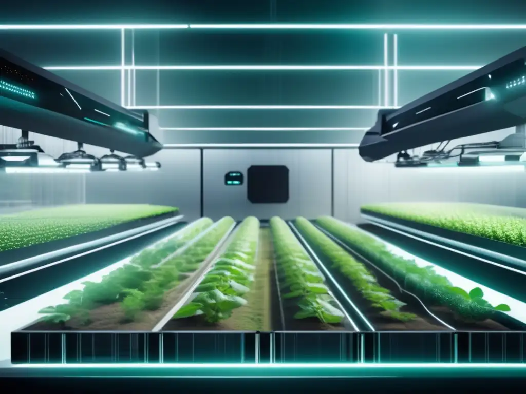 Futuro granja automatizada en un entorno DeFi Futuro del farming en DeFi: granja futurista con tecnología avanzada y cultivos verdes en ambiente controlado