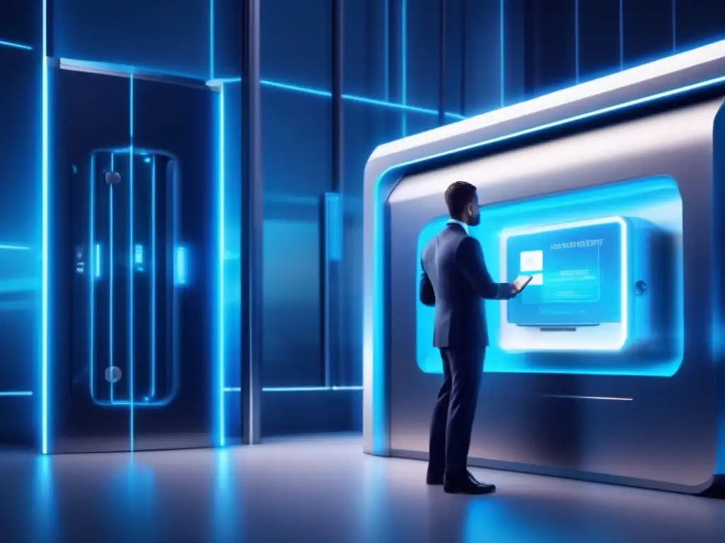 Futuro seguro de alta tecnología Futuro vault hightech con seguridad avanzada y persona protegiendo finanzas