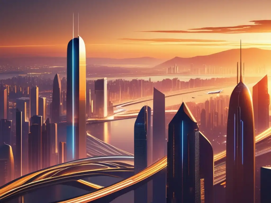 Futuro metropolitano: progreso, innovación y crecimiento financiero Futuro horizonte urbano dorado, ciudad global con planificación fiscal para inversiones transfronterizas