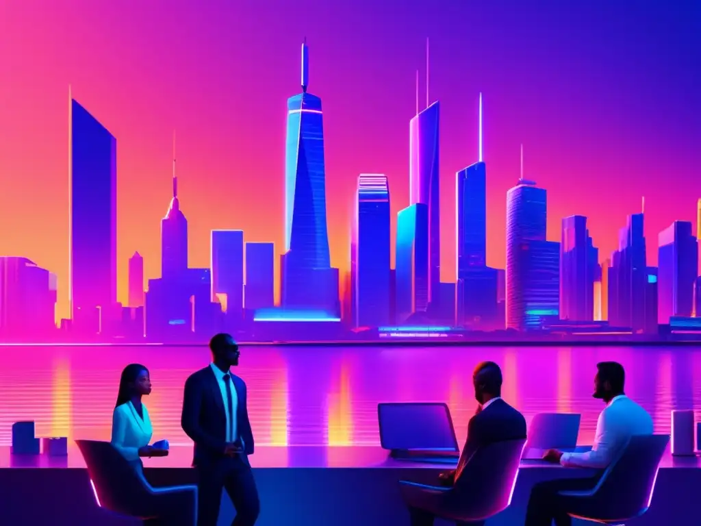 Futurista ciudad con rascacielos y negocios Futuro horizonte urbano con rascacielos, luces neón y negocios, simbolizando el impacto global en inversiones