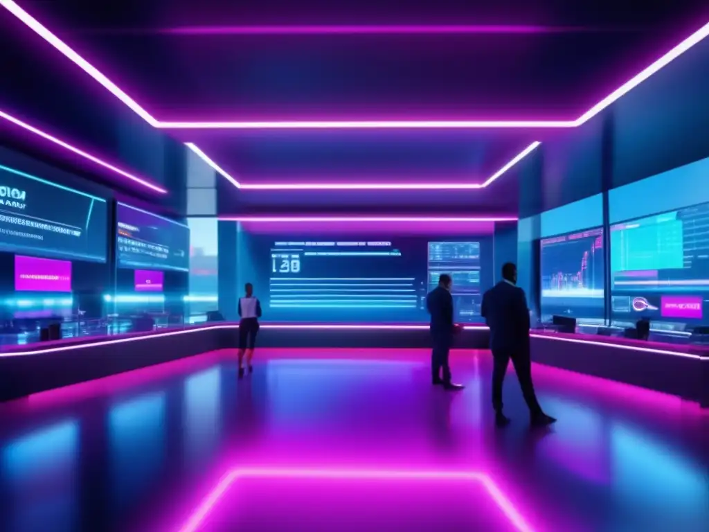 Traders en futurista sala de trading con tecnología de vanguardia Futuro de IA en el trading: Imagen ultradetallada de un piso de operaciones futurista, con luces de neón, traders usando AR y tecnología de vanguardia
