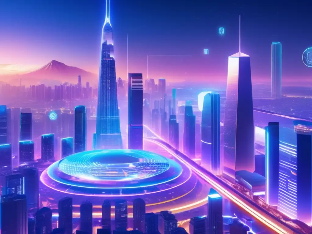 Futurocity skyline 8K nocturno Futuro de intercambios descentralizados en una ciudad futurista con rascacielos holográficos y criptomonedas