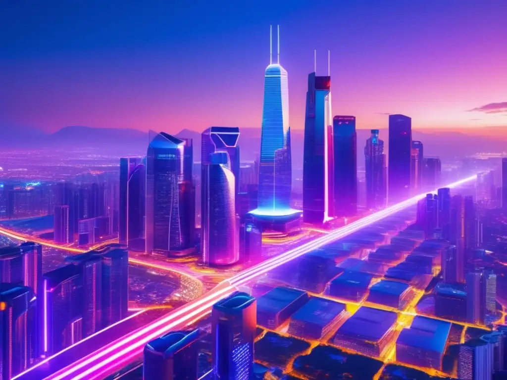 Futuro de las criptomonedas Futuro de intercambios descentralizados en ciudad futurista con rascacielos modernos y tecnología avanzada