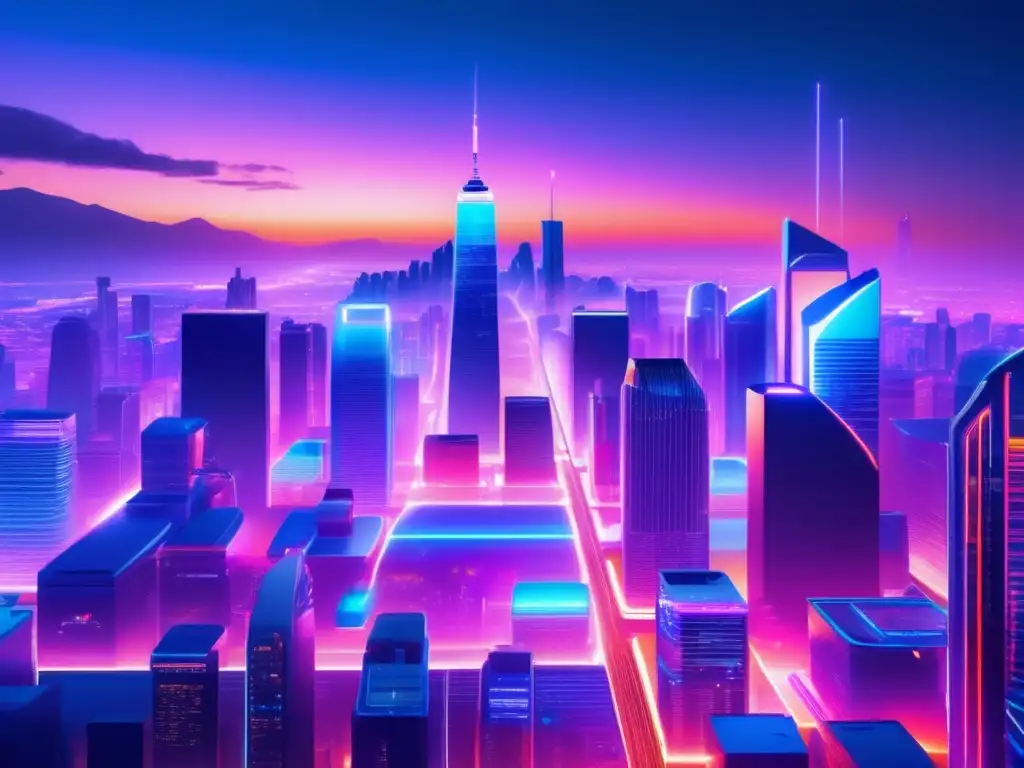 Futurocity con intercambios descentralizados Futuro intercambios descentralizados: ciudad futurista con rascacielos y anuncios holográficos