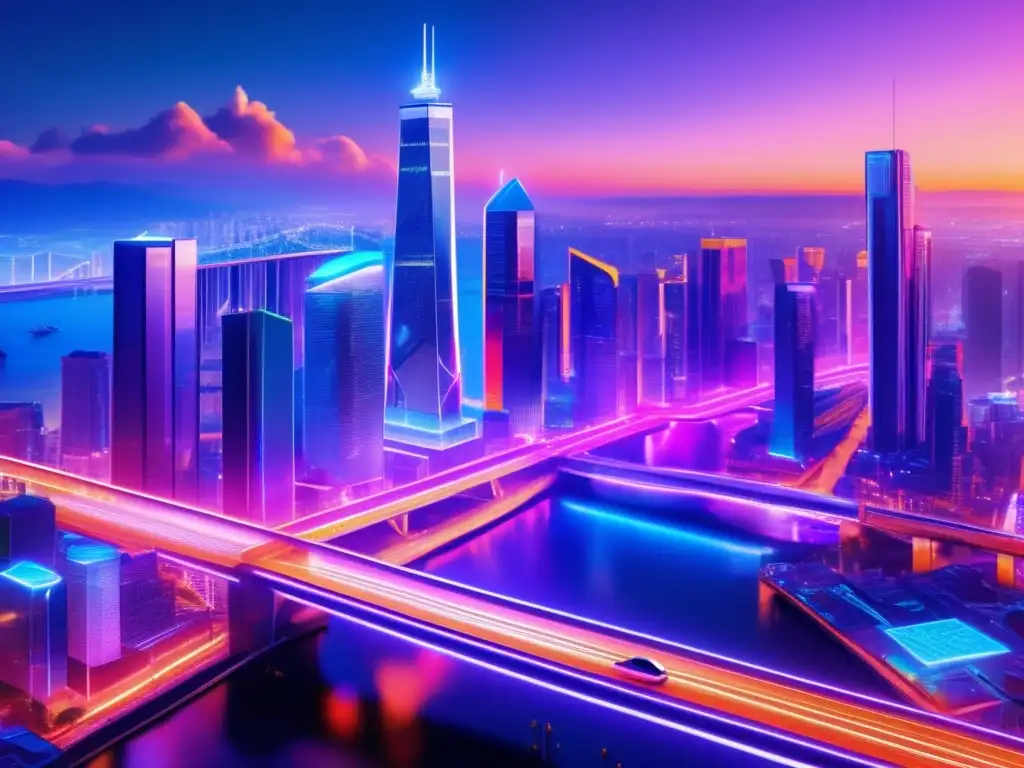 Futuro de las criptomonedas en ciudad futurista Futuro intercambios descentralizados: ciudad futurista, criptomoneda, arquitectura moderna, tecnología y naturaleza