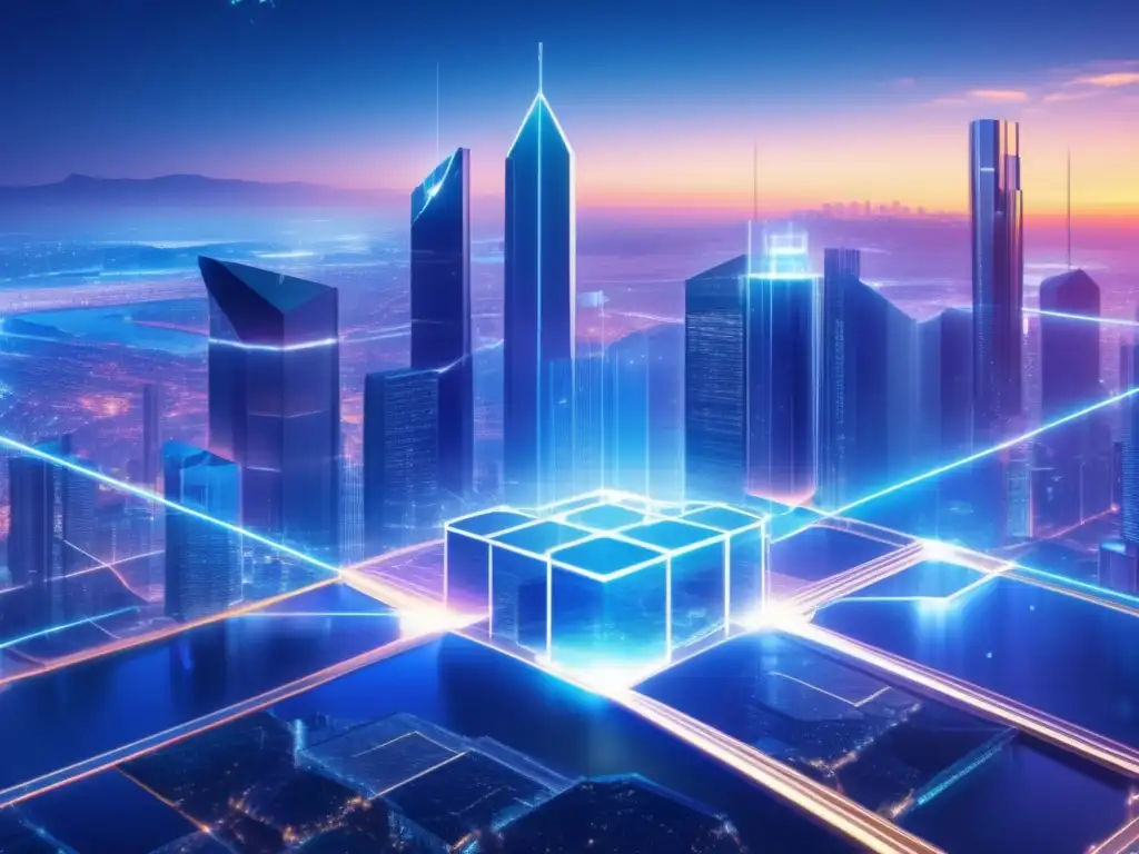 Futuro de las exchanges descentralizadas Futuro intercambios descentralizados: imagen 8k muestra tecnología blockchain y contratos inteligentes, paisaje digital futurista con rascacielos de nodos blockchain brillantes, flujos de datos transparentes y contratos inteligentes como engranajes eficientes