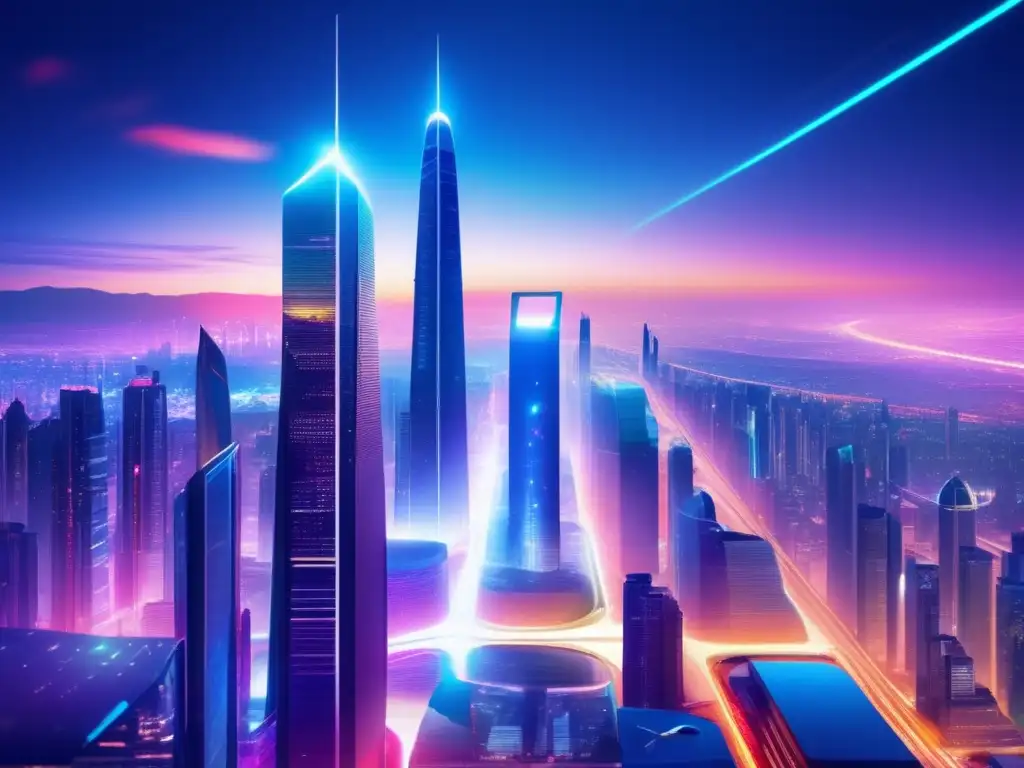 Ciudad futurista con rascacielos y tecnología Futuro de inversión en startups: Ciudad nocturna futurista con rascacielos, luces LED y tecnología avanzada