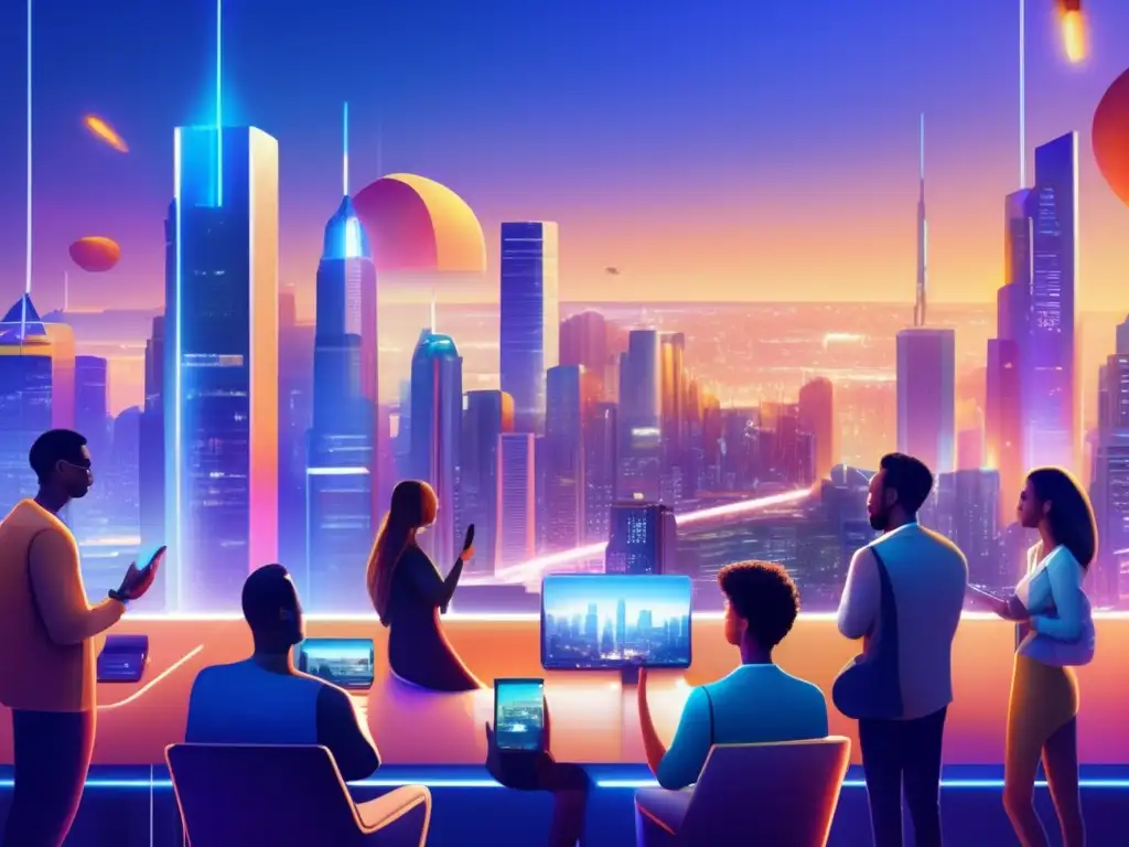 Futurista ciudad con rascacielos y generación tech-savvy Futuro de la inversión: Ventajas y desventajas de roboadvisors